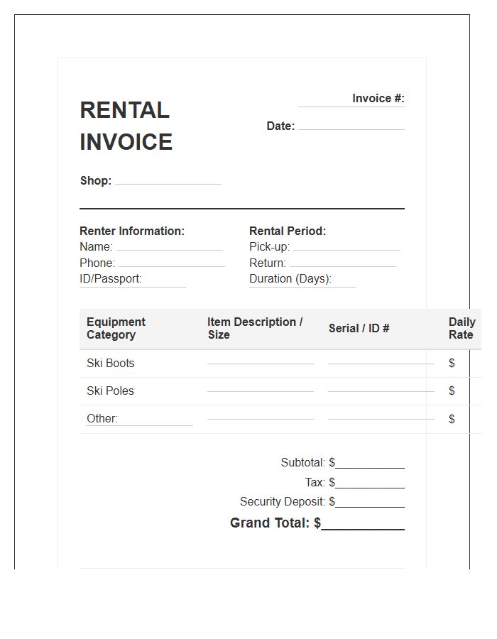 Ski Boots and Poles Rental Invoice Template