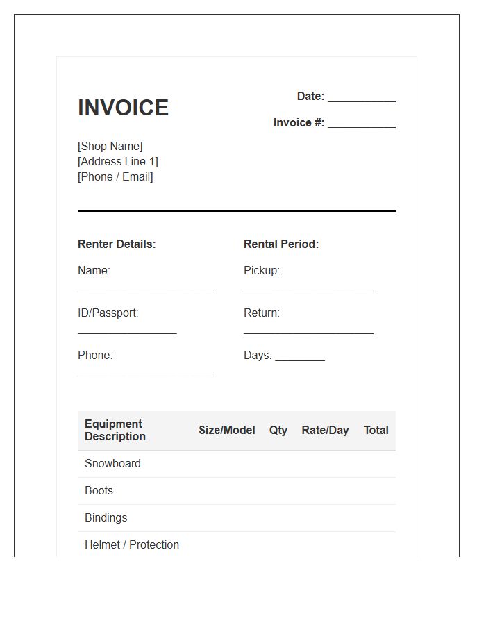 Snowboard Equipment Rental Invoice Template
