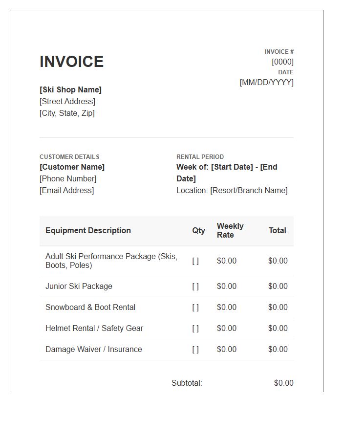 Weekly Ski Equipment Rental Invoice Template