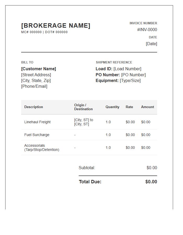 Corporate Freight Brokerage Invoice Template