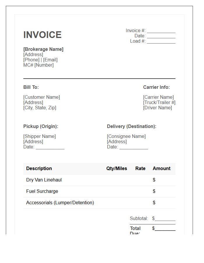 Dry Van Brokerage Invoice Template