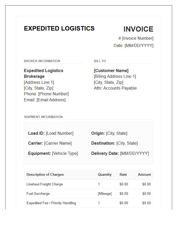 Expedited Logistics Brokerage Invoice Template