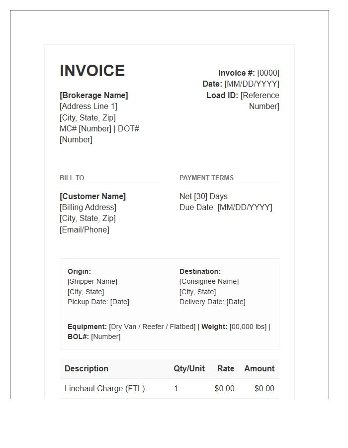 Full Truckload Broker Invoice Template