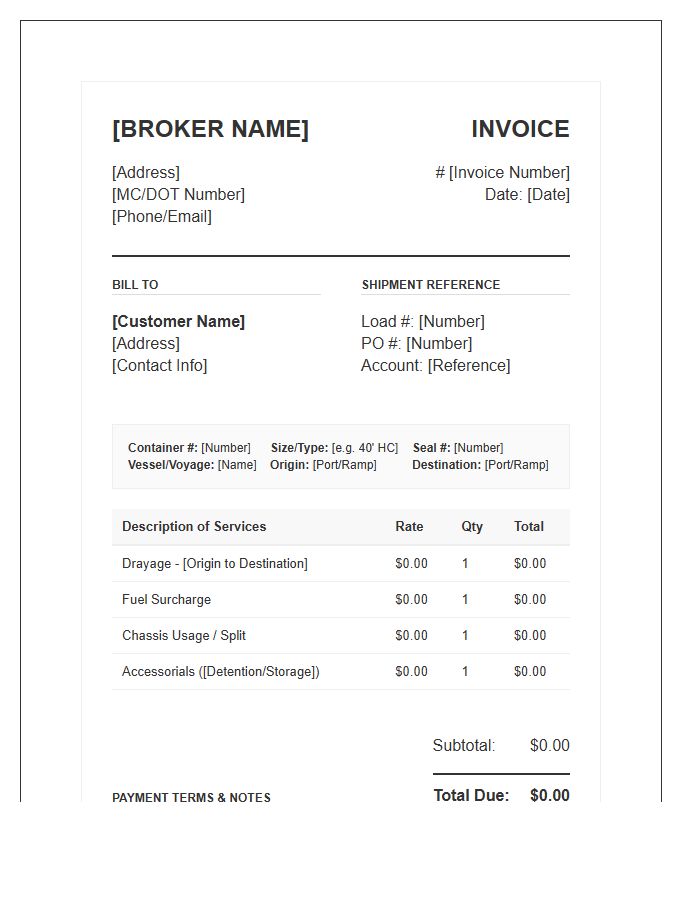 Intermodal Transport Broker Invoice Template