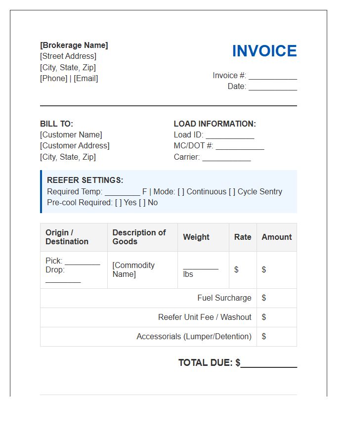 Reefer Freight Brokerage Invoice Template