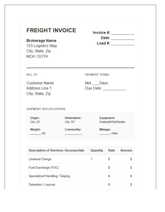 Specialized Freight Broker Invoice Template