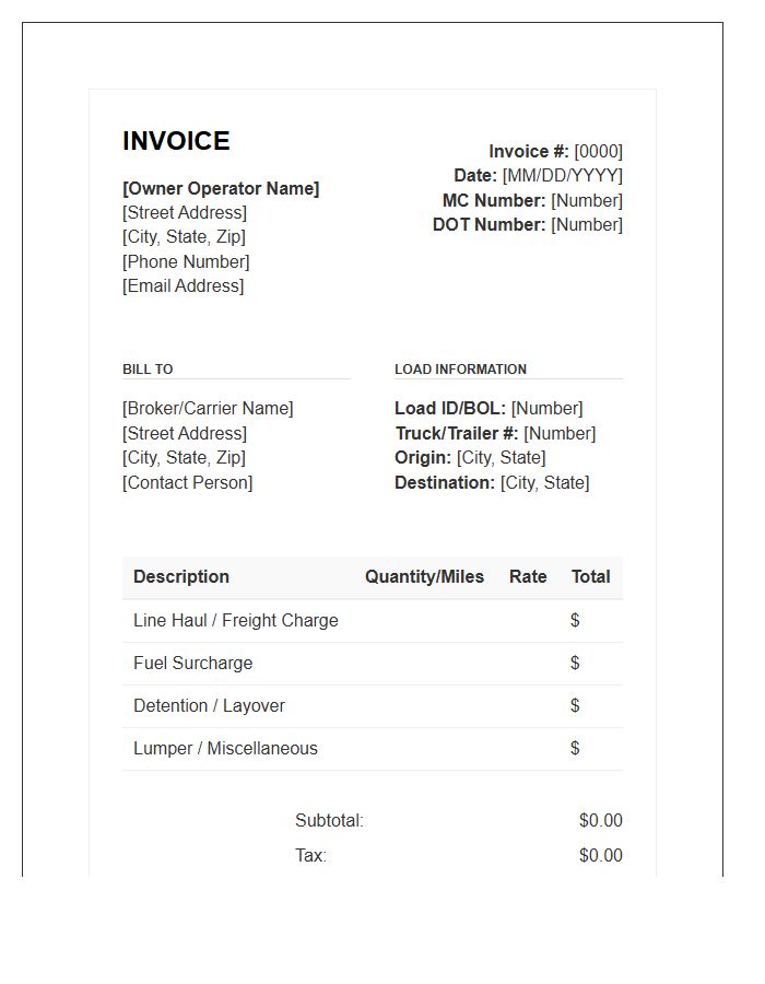 Commercial Trucking Owner Operator Invoice Template