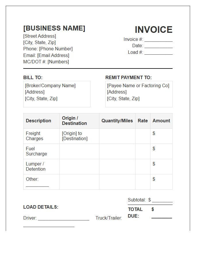 Independent Owner Operator Transportation Invoice Template