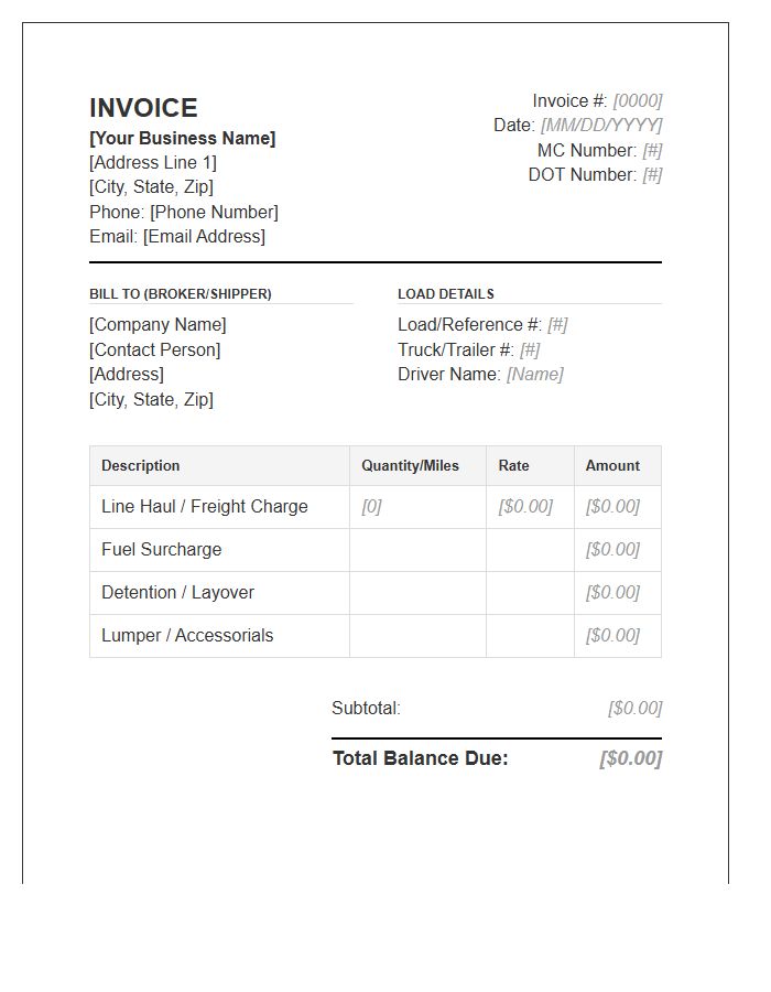 Independent Owner Operator Trucking Invoice Template