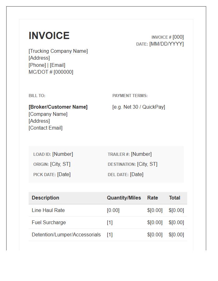 Independent Trucker Load Billing Invoice Template