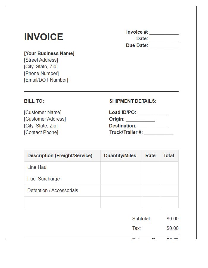 Independent Trucking Business Invoice Template