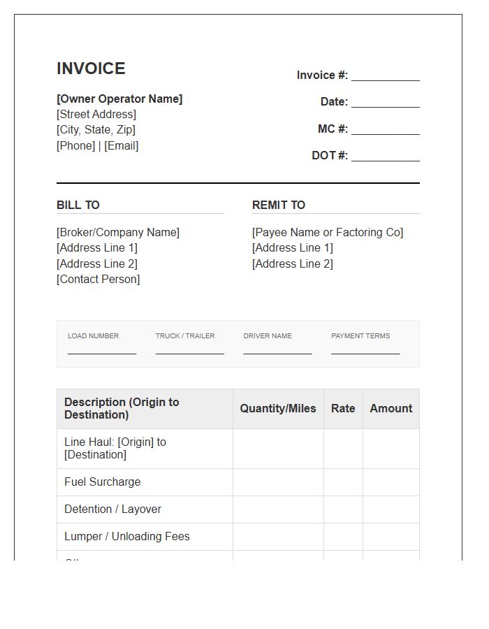 Long Haul Owner Operator Invoice Template