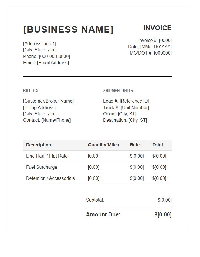 Owner Operator Box Truck Invoice Template