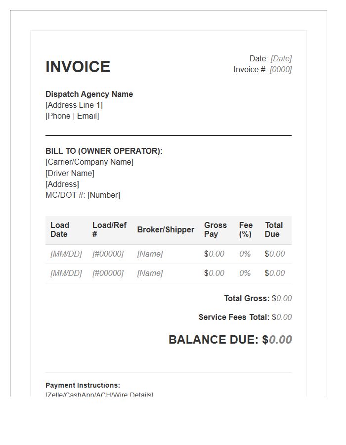 Owner Operator Dispatch Service Invoice Template