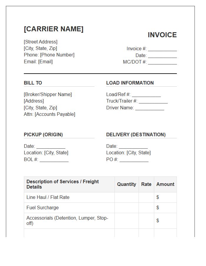 Owner Operator Freight Hauling Invoice Template