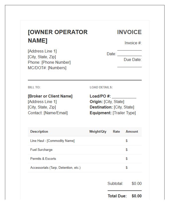 Owner Operator Heavy Haul Invoice Template