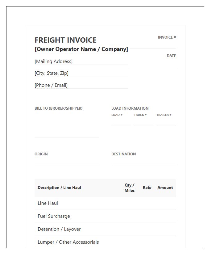 Owner Operator Over The Road Invoice Template