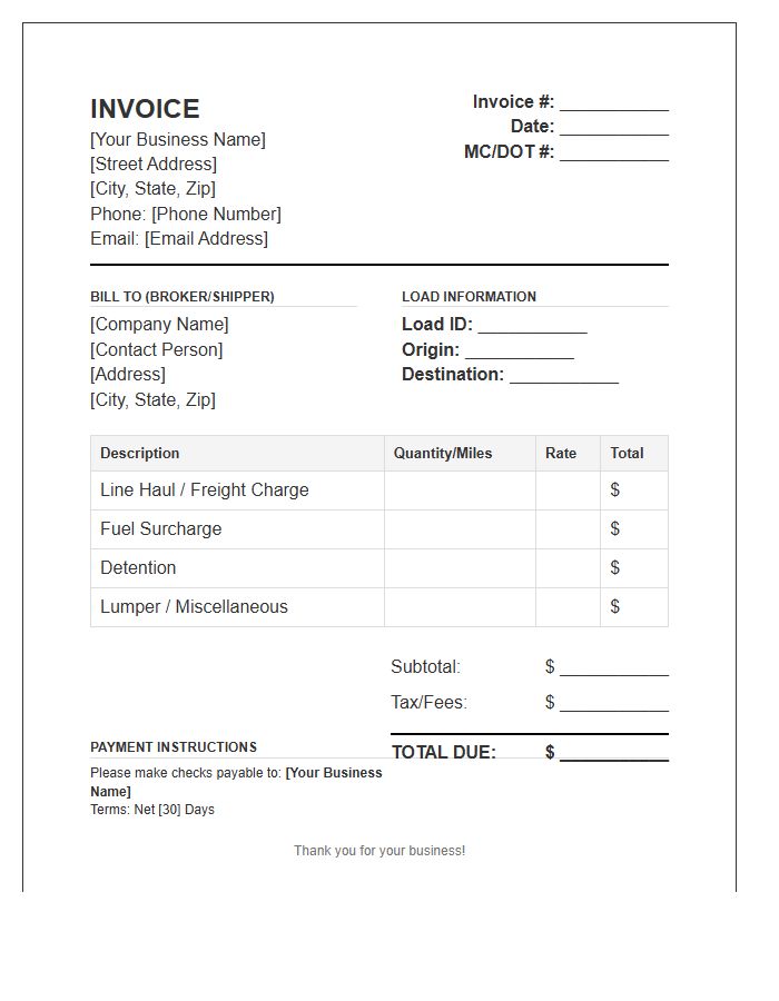 Owner Operator Regional Trucking Invoice Template