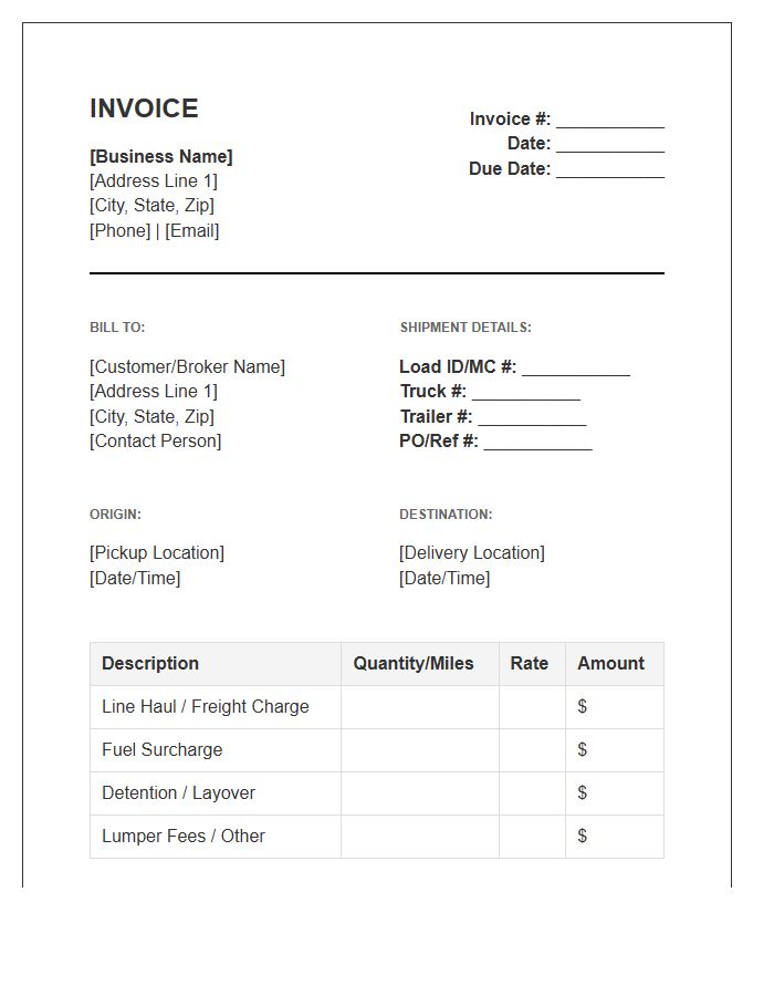 Owner Operator Truck Driver Invoice Template