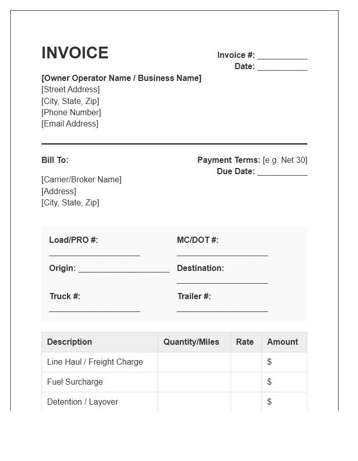 Semi Truck Owner Operator Invoice Template