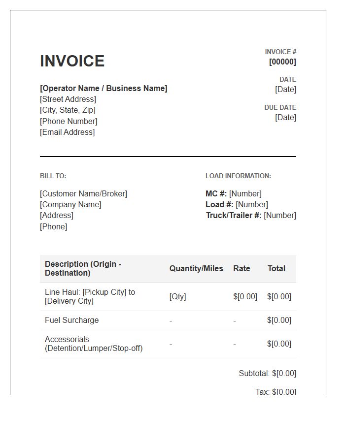 Trucking Service Invoice Template For Independent Operators