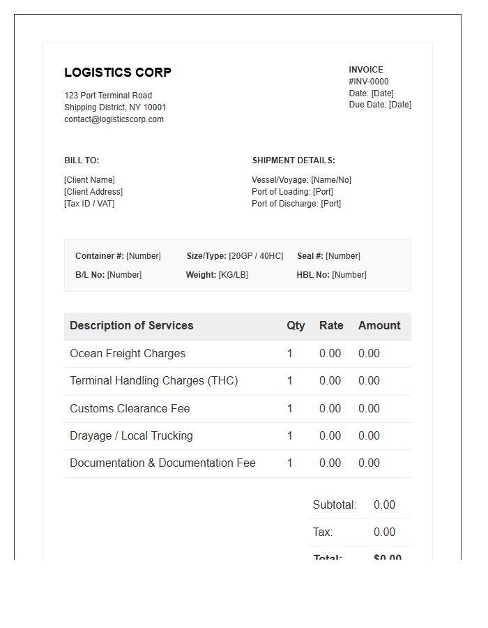 Container Logistics Services Invoice Template