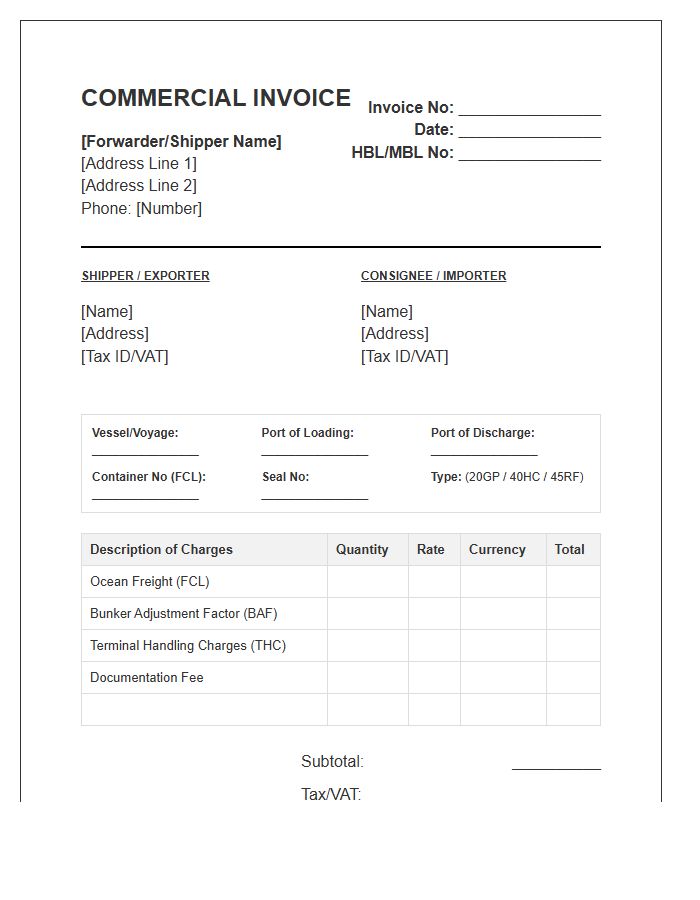 FCL Sea Cargo Invoice Template