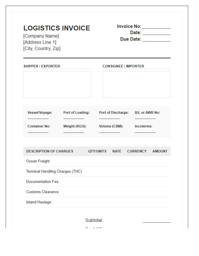 International Maritime Logistics Invoice Template