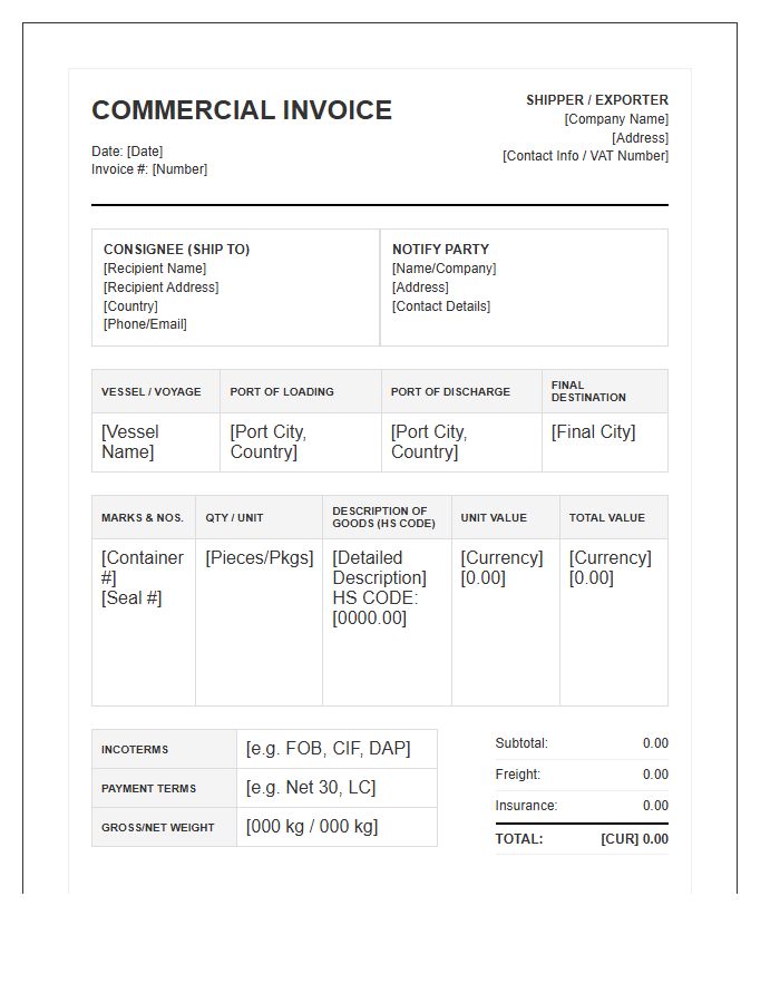 International Maritime Shipping Invoice Template