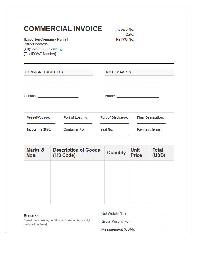 International Ocean Cargo Invoice Template