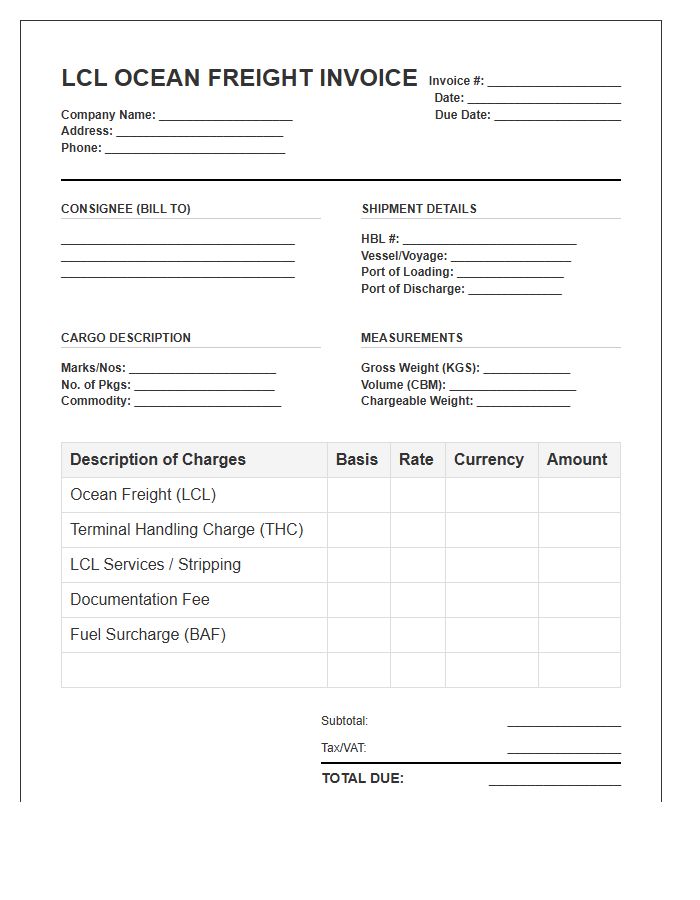 LCL Ocean Freight Invoice Template