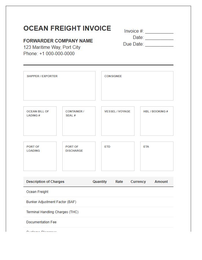 Ocean Freight Forwarder Invoice Template