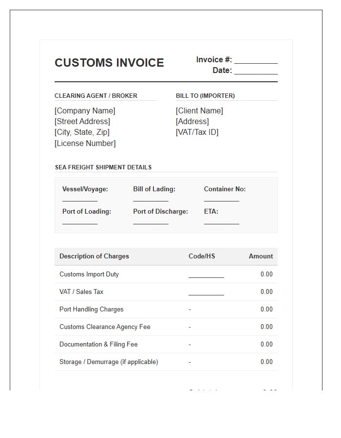 Sea Freight Customs Clearance Invoice Template