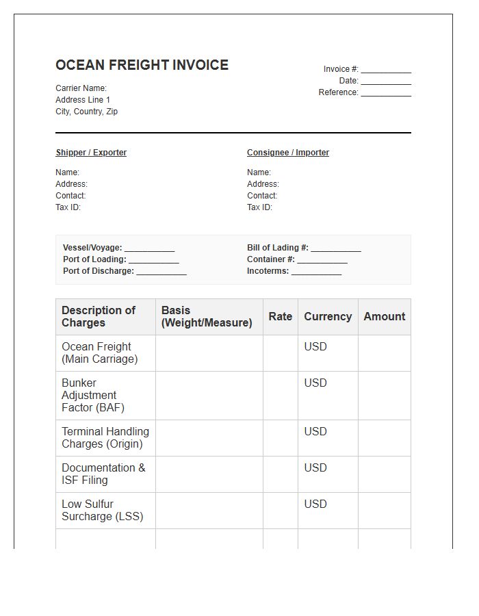 Transatlantic Ocean Freight Invoice Template