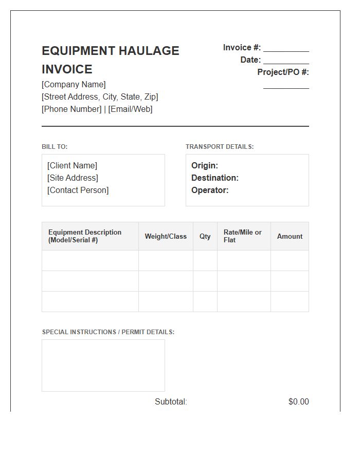 Civil Engineering Equipment Haulage Invoice Template