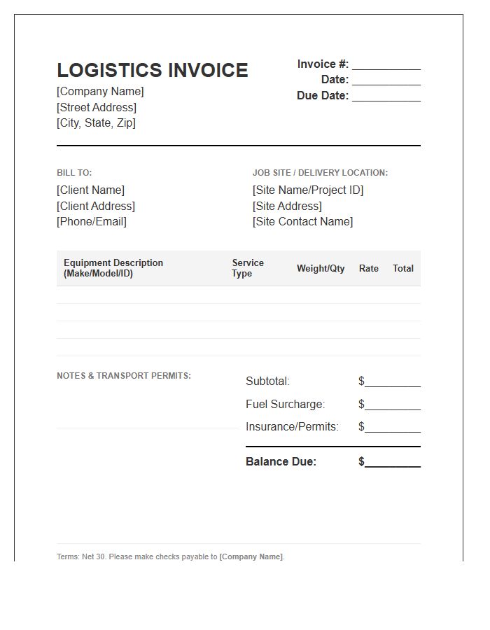 Construction Equipment Logistics Invoice Template