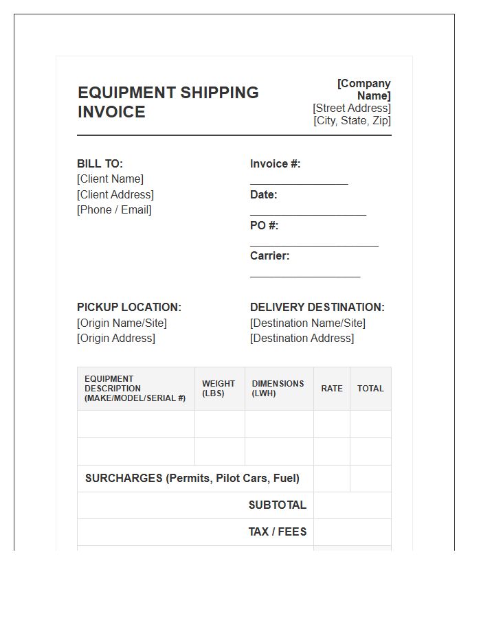Heavy Duty Equipment Shipping Invoice Template