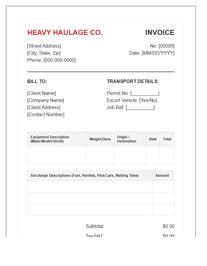 Heavy Haulage Equipment Transport Invoice Template