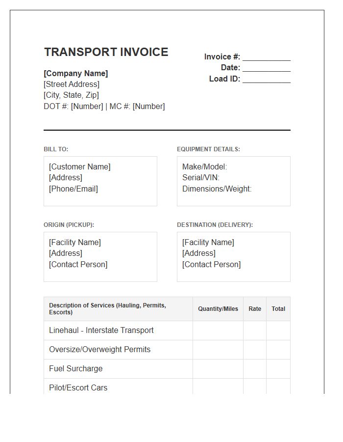 Interstate Heavy Equipment Transport Invoice Template
