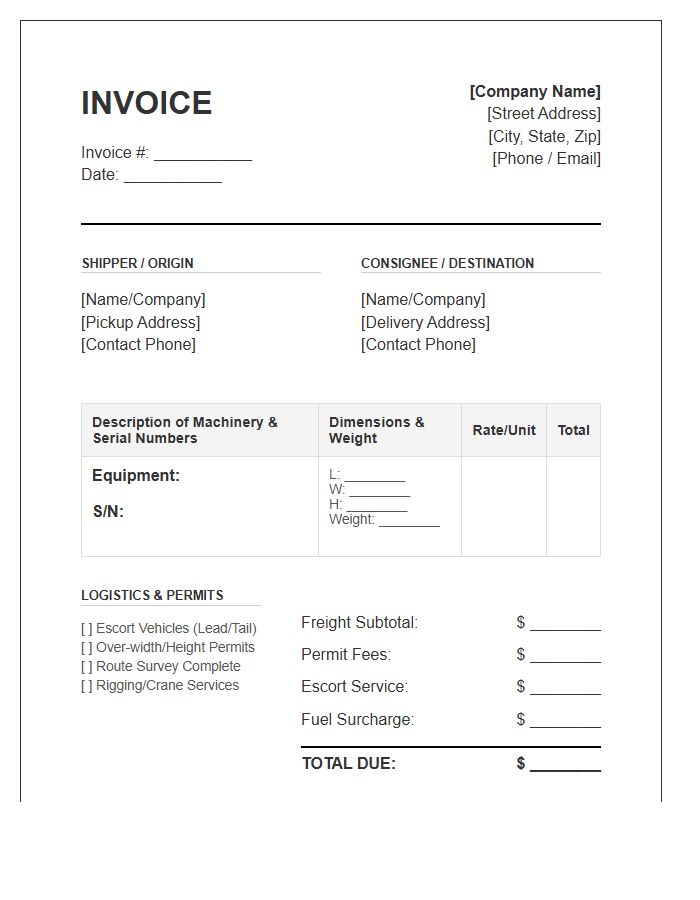 Oversized Machinery Shipping Invoice Template