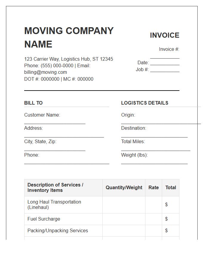 Commercial Long Haul Moving Invoice Template