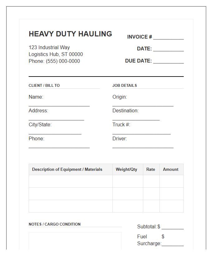 Heavy Duty Moving Hauling Invoice Template