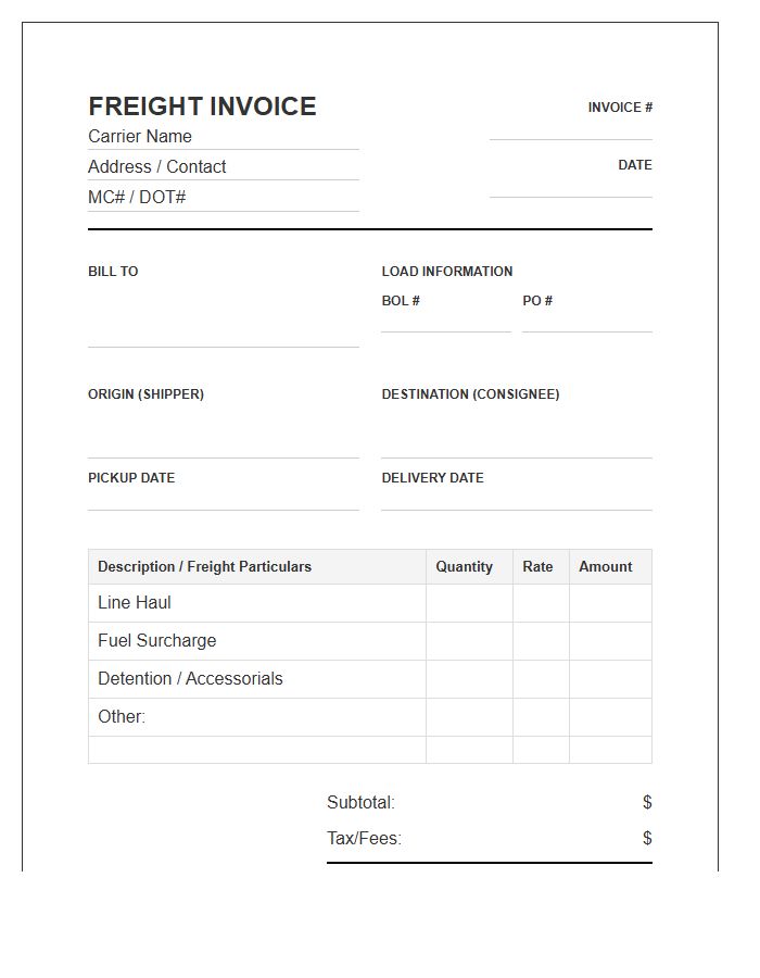 Interstate Freight Carrier Invoice Template