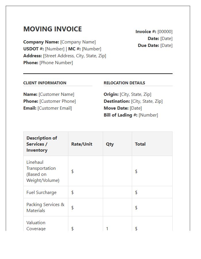 Interstate Relocation Professional Invoice Template