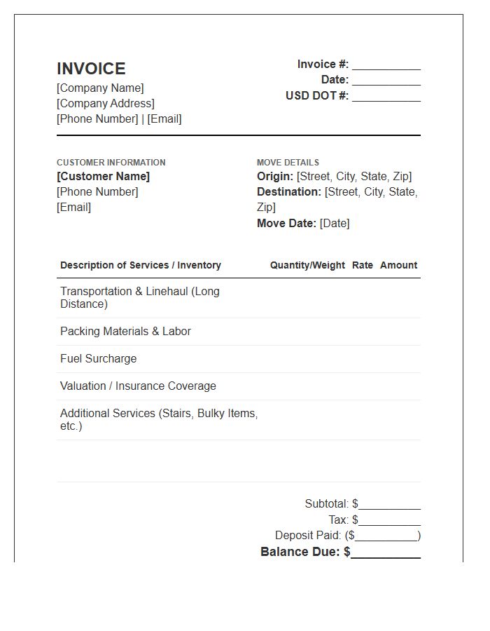 Long Distance Moving Services Invoice Template