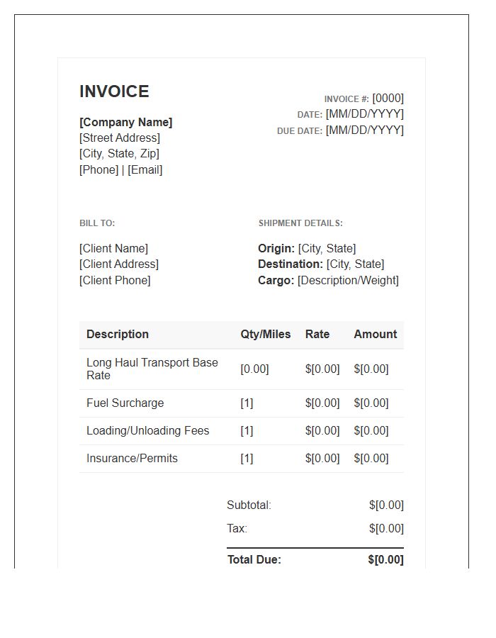 Long Distance Transport Services Invoice Template