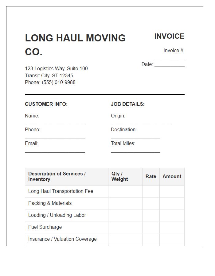 Long Haul Moving Company Invoice Template