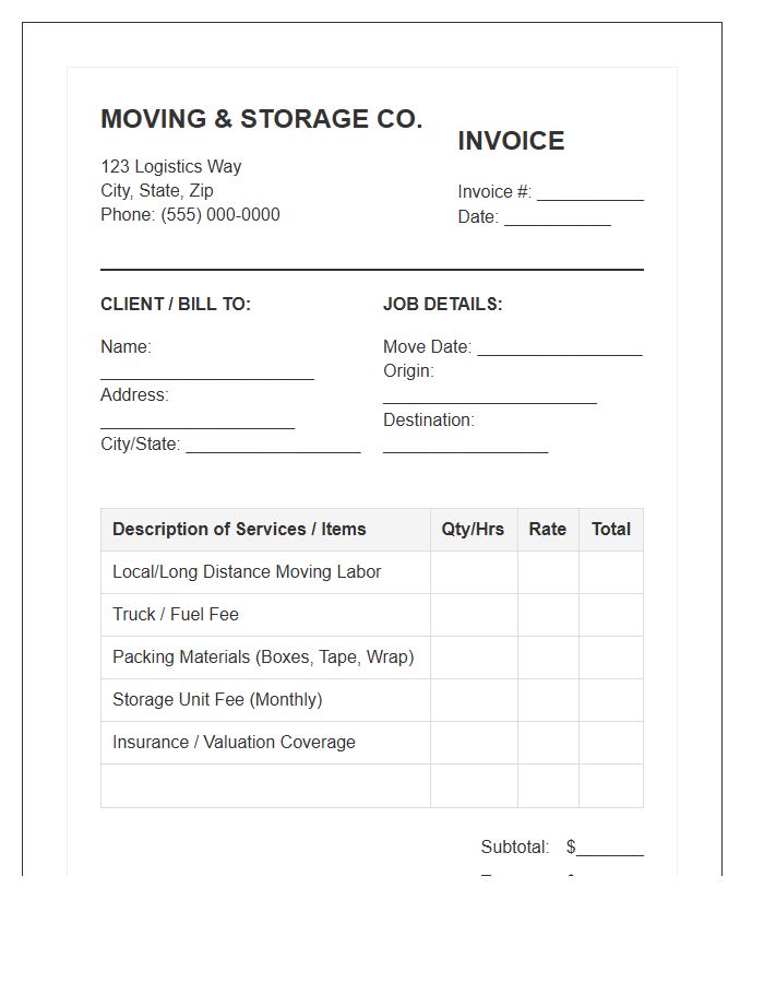 Moving And Storage Services Invoice Template