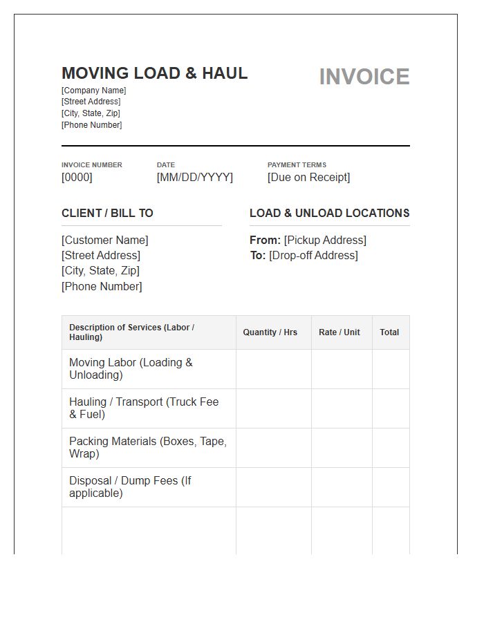 Moving Load And Haul Invoice Template