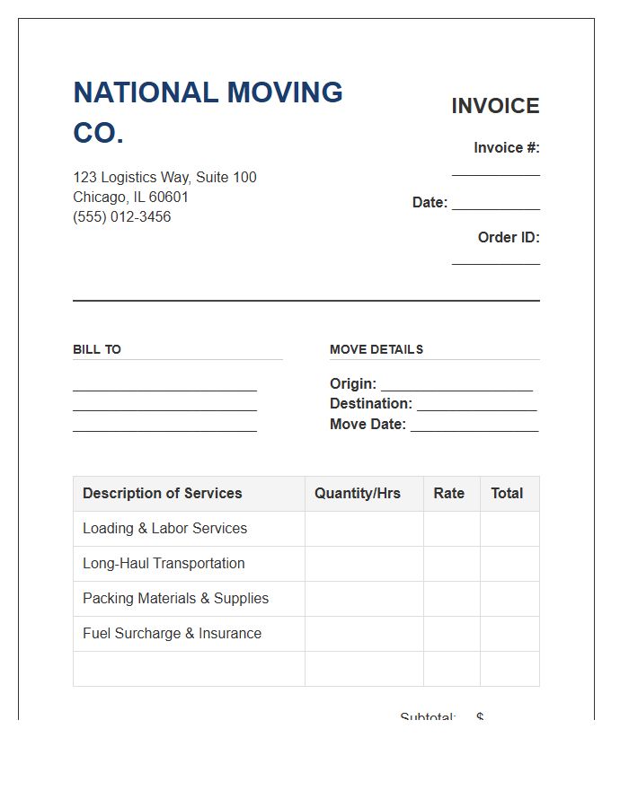 National Moving Company Billing Invoice Template